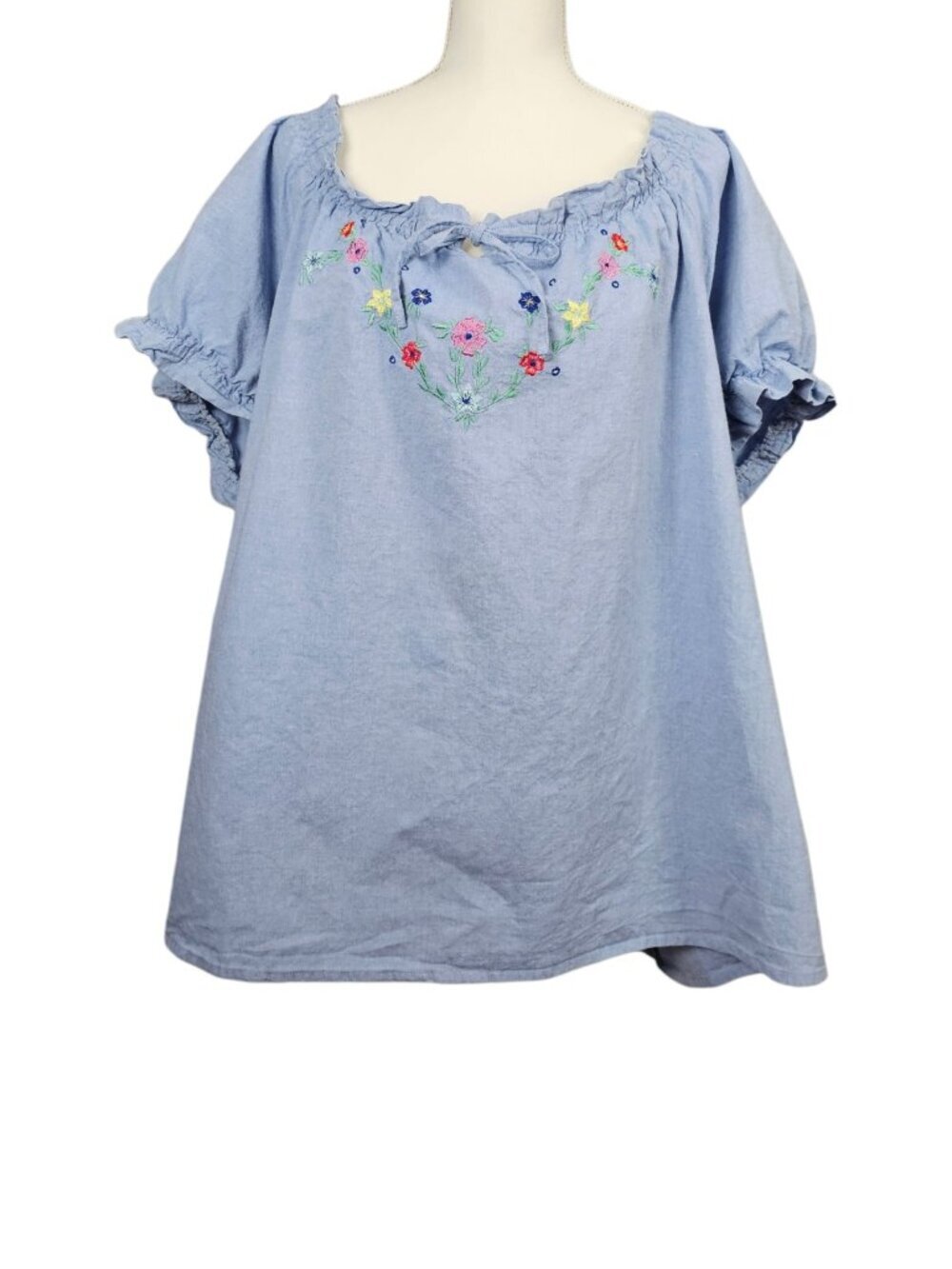 Maggie Barnes Sport Vtg Embroidered Boho Floral Cotton Chambray Blouse Top 4X